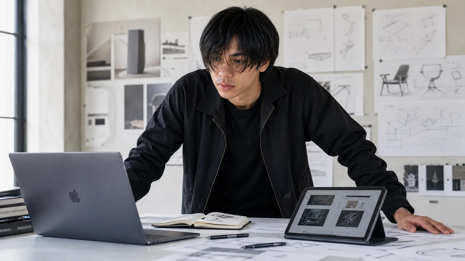 Arthur Miyazaki trabalhando entre notebooks, tablet e desenhos técnicos